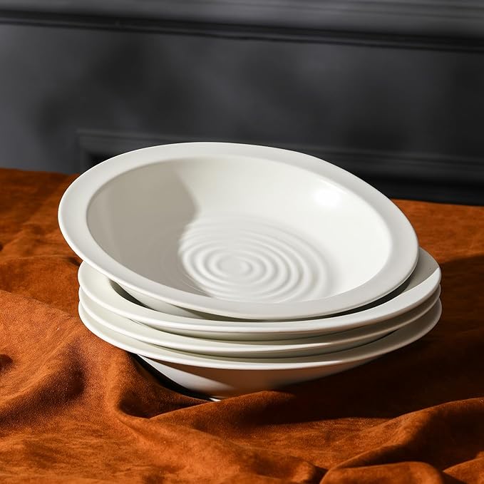 Stone Lain Orbit 4-Piece Pasta Bowl Set – Stoneware, White, Service for 4, Durable Round Bowls for Pasta, Dishwasher & Microwave Safe, Modern Textured Tableware for Everyday Dining