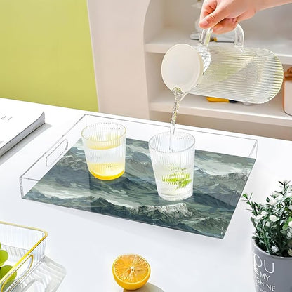 Serving Tray with Handles Clear Acrylic Tray 12x16 Inch Decorative Rectangular Tray Organizer for Ottoman Coffee Table Bathroom Green Camounflage Mountain
