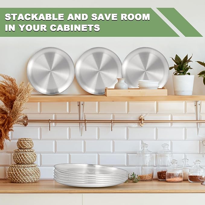 EWFEN 8 Pack Stainless Steel Plate Set, 10 Inch Metal Lightweight Unbreakable Dinner Dishes Plates Set, Round Camping Plates for Serving Dishes Dessert Salad, Non Toxic & Reusable, Dishwasher Safe
