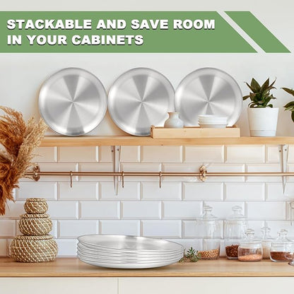 EWFEN 8 Pack Stainless Steel Plate Set, 10 Inch Metal Lightweight Unbreakable Dinner Dishes Plates Set, Round Camping Plates for Serving Dishes Dessert Salad, Non Toxic & Reusable, Dishwasher Safe