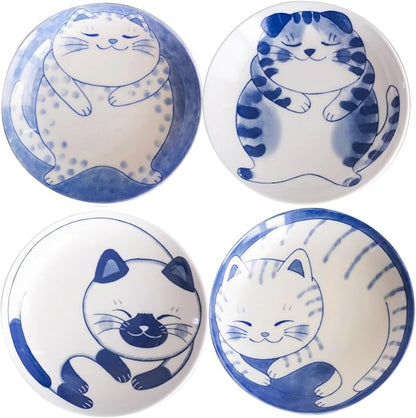 Dessert Salad Serving Plate Set Ceramic Cute Cats Design, 5.31inch x 1.06inch (13.5㎝×2.7㎝) Plates Set of 4, Mino Ware