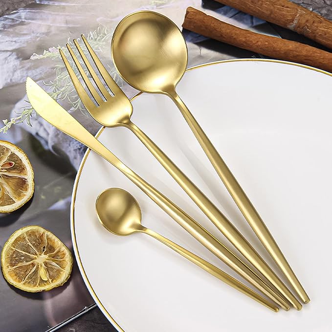 24 pcs Flatware Set, Gold Stainless Steel Flatware Set for 6, Knife Fork Spoon, Home Dinnerware Tableware Set for 6, Cutlery Set, Include Knives/Forks/Spoons…