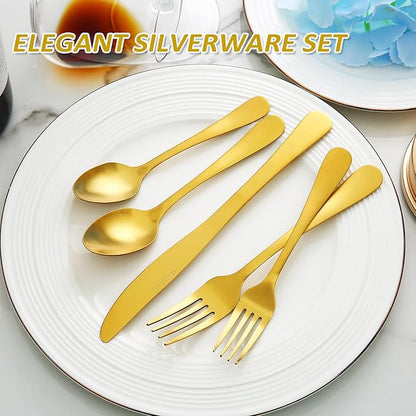 Gold Silverware Set, Lorena 20 Piece Golden Cutlery Set Gold Utensils Set Stainless Steel Flatware Kitchen Utensils Set Silverware Set, Include Fork Knives Spoons for Home Restaurant Hotel