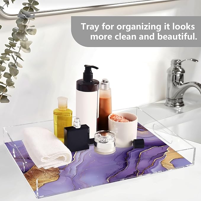 Clear Tray Marble Silver Purple Fresh Acrylic Serving Tray with Handles 12x16 Clear Trays for Serving Food Spill-Proof