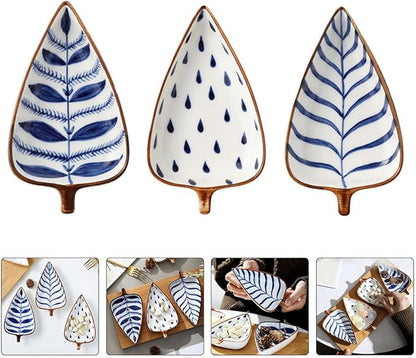 Happyyami 3pcs Ceramic Snack Plates Set, Hand-painted Japanese Style Appetizer Dishes with Leaf and Watergrass Patterns, Small Serving Trays for Sauce, Fruit, and Dessert Random Color