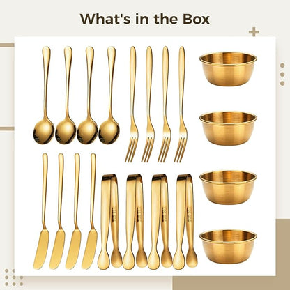 Elegant 20-Piece Charcuterie Serving Set with Gold-Plated Stainless Steel Flatware, Includes Forks, Spoons, Butter Knives, Clips, Bowls