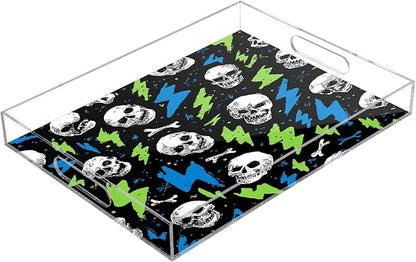 Serving Tray with Handles Clear Acrylic Tray 12x16 Inch Decorative Rectangular Tray Organizer for Ottoman Coffee Table Bathroom Skull Lightning Colorful