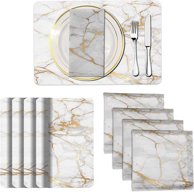 Mcalk 4 Each White Marble Placemats and Cloth Napkins Set of 8, Modern Art Placemat, Marble Print Cloth Napkin for Home Kitchen Decor (Placemats 18 "x12 Napkins 18 "x18)