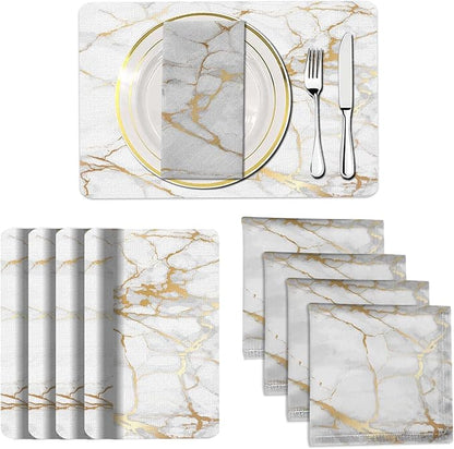 Mcalk 4 Each White Marble Placemats and Cloth Napkins Set of 8, Modern Art Placemat, Marble Print Cloth Napkin for Home Kitchen Decor (Placemats 18 "x12 Napkins 18 "x18)