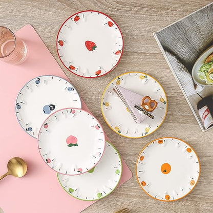 Set of 6 Ceramic Dessert, Cake, Appetizer & Snack Plates - 6 Inch Fruit Pattern Tea Party Serving Plates