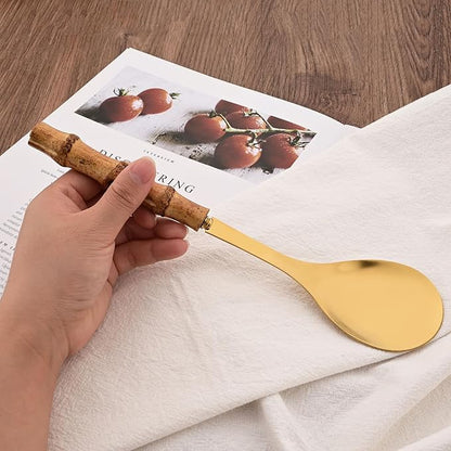 Stainless Steel Flatware Set, Bamboo Handle Silverware Set, Reusable Eating Utensils for Home Kitchen and Restaurant, Modern Gold Cutlery Set, 4 Pieces Serving Utensil
