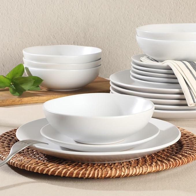 Gibson Home Bethel 18 Piece Plates and Bowls Ceramic Stoneware Organic Shape Dinnerware Set (Service for 6) - Matte White