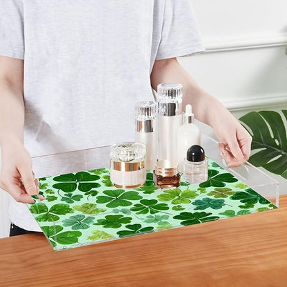 Serving Tray with Handles Clear Acrylic Tray 12x16 Inch Decorative Rectangular Tray Organizer for Ottoman Coffee Table Bathroom Green Nature St Patrick Clovers