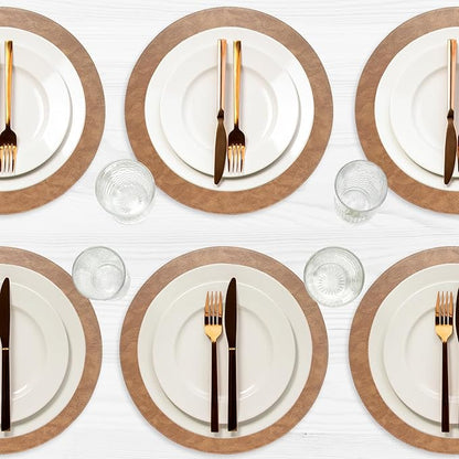 Morgan Faux Leather Round Set of 12 Placemats, 15", Camel, Heat Resistant, Stain Resistant, Non-Slip, Reversible, Durable Table Mats for Kitchen, Dining Table, Indoor Washable Use