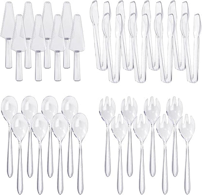 32 Pcs Disposable Plastic Serving Utensils Set with 8 Pcs 9.7" Spoons Forks, 8 Pcs 9.5" Knives, and 8 Pcs 6.3" Tongs for Serving Food, Cake, Birthday Party, Buffet, and Cutlery (Clear)