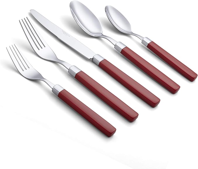 ANNOVA Silverware Set Stainless Steel Colorful Tableware Kitchen Flatware Set Utensils, Includes Dinner Knives, Forks, Spoons, Salad Forks & Dessert Spoons (Red, 20 Pieces)