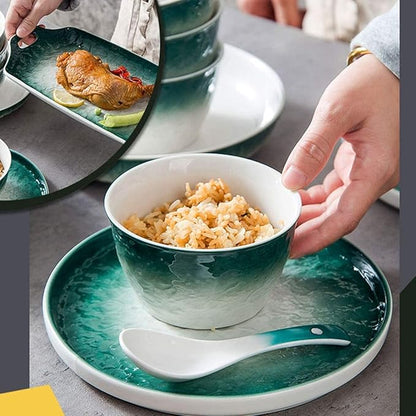 Dinnerware Set Dinner Party Tableware Service Set 51pcs of Nordic Bone China Dinner Bowl Set Porcelain Bowl and Plate White Green Stone Texture High-end Ceramic Bowl and,