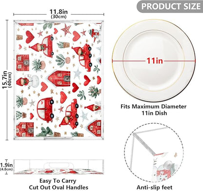 Serving Tray with Handles Clear Acrylic Tray 12x16 Inch Decorative Rectangular Tray Organizer for Ottoman Coffee Table Bathroom Watercolor Christmas Elves Stars White