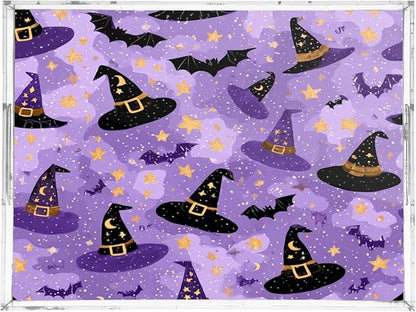 Serving Tray with Handles Clear Acrylic Tray 12x16 Inch Decorative Rectangular Tray Organizer for Ottoman Coffee Table Bathroom Purple Wizard Hats Bats and Stars