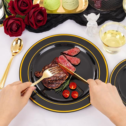 bUCLA 300PCS Black and Gold Disposable Dinnerware Set - 50 Guests Black Plastic Plates with Gold Rim Include 50 Dinner / 50 Dessert Plates, 50 Forks,50 Knives,50 Spoons&50 Cups for Party&New Year