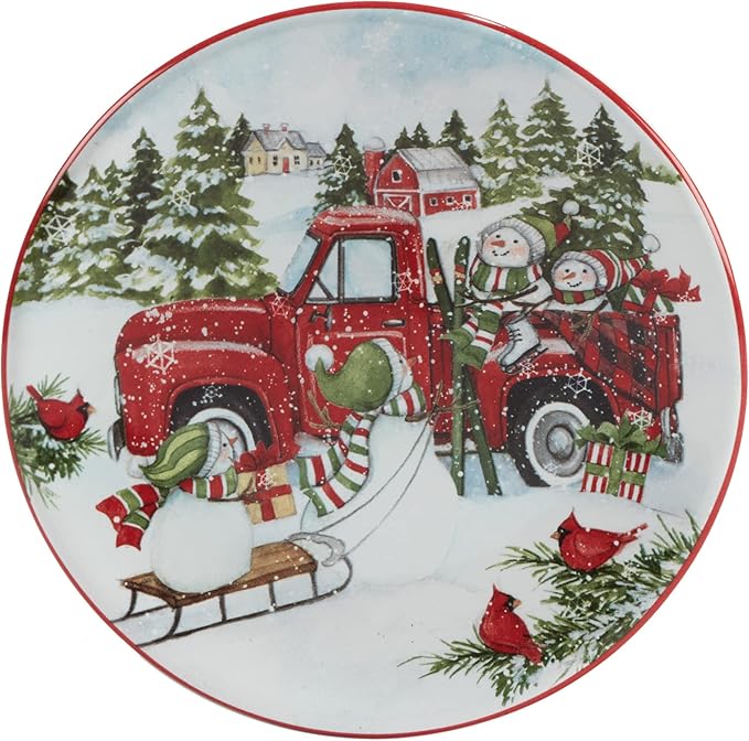 Certified International Red Truck Snowman 6" Canape/Luncheon Plates, Small, Multicolor, Set of 4
