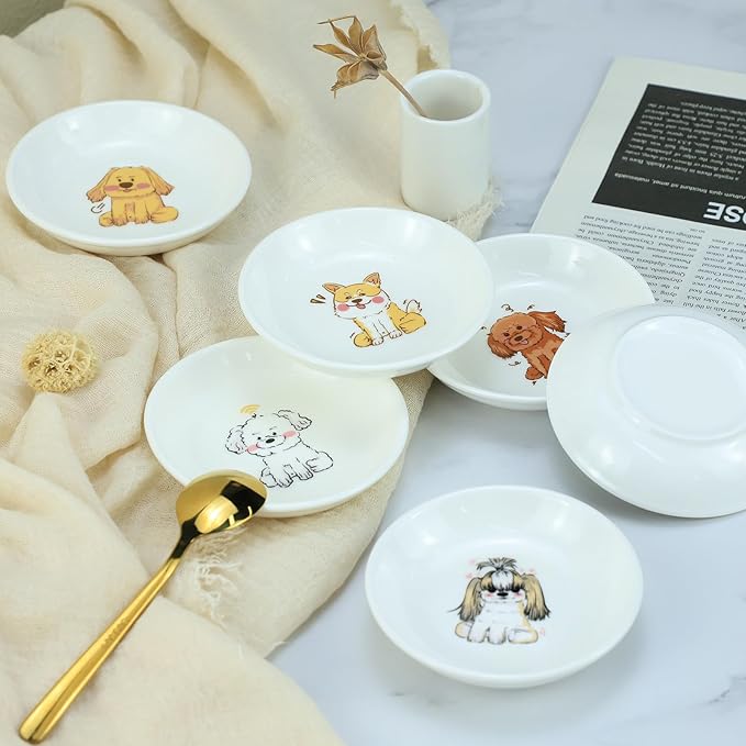 SOCOSY Super Cute Cartoon Animals Ceramic Sauce Dishes, Seasoning Dishes, Little Cat Dog Bird Feeding Bowls, Sushi Soy Dipping Bowls, Appetizer Plates, Dessert Plates, Set of 6-Cartoon Dog-3.5 Inch