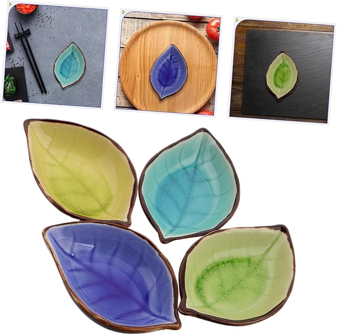 Healifty 4pcs Leaf Ceramic Appetizer Plates Crackle Glaze Porcelain Dipping Dishes Multi-functional Condiment Bowls for Serving Sauces Snacks Sushi and Desserts