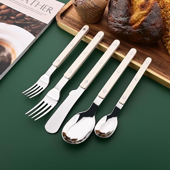 30 PCS Stainless Steel Flatware Set for 6, Silverware Set with Colored Handles, Retro Style Forks Spoons and Knives Set, Vintage Eating Utensils, Beige Acrylic Handle with Rivets Design