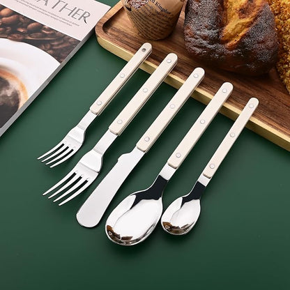 30 PCS Stainless Steel Flatware Set for 6, Silverware Set with Colored Handles, Retro Style Forks Spoons and Knives Set, Vintage Eating Utensils, Beige Acrylic Handle with Rivets Design