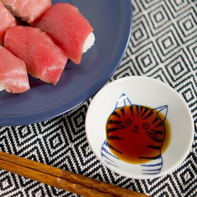 Japanese Cat Ceramic Small Plates - Set of 5 - Great Gift for Cat Lovers, 5 Cats 3.5in