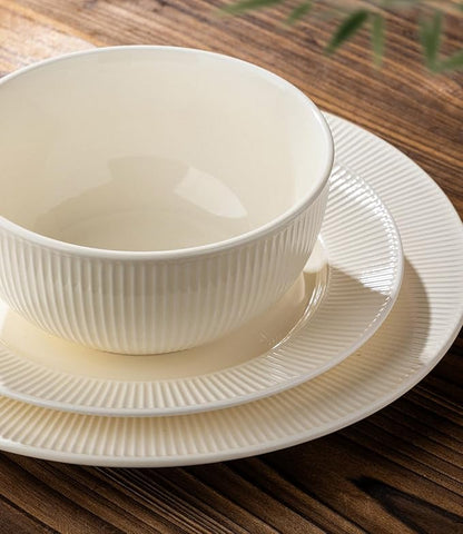 TheTerra Stoneware Dinnerware Sets for 6, 18 Pieces Ceramic Plates and Bowls Sets, Scratch Resistant Embossed Dish Set, Oven, Microwave & Dishwasher Safe, Beige