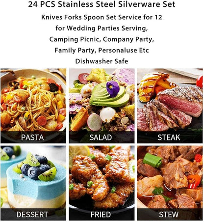 24 PCS Stainless Steel Cutlery Serving Set for 6 with Spoon Knife and Fork, Easy to Clean, Matte Mirror Polished for Home, Restaurant, Parties, Dishwasher Safe(Gold,C)