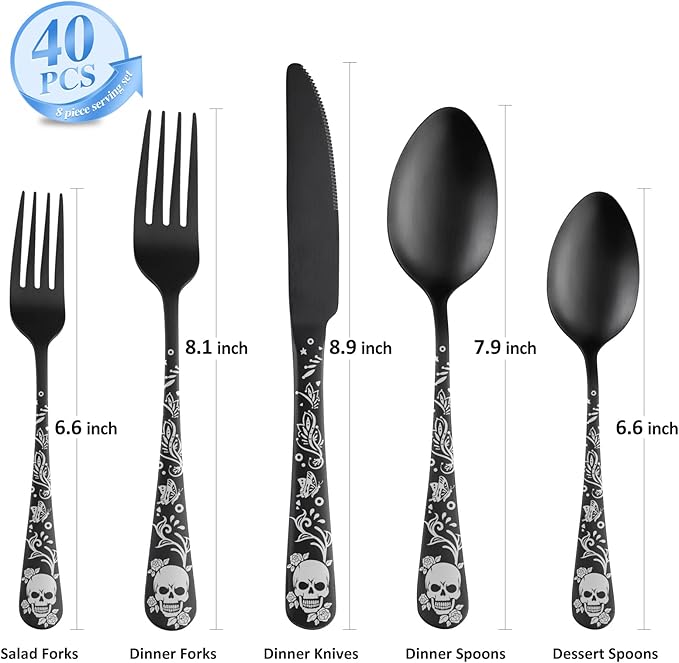 40 Piece Skull Pattern Matte Silverware Set for 8, Black Flatware set Service for 8,Gothic Unique Skull Pattern Design,18/0 Stainless,Satin Finish Cutlery for 8,Dishwasher Safe