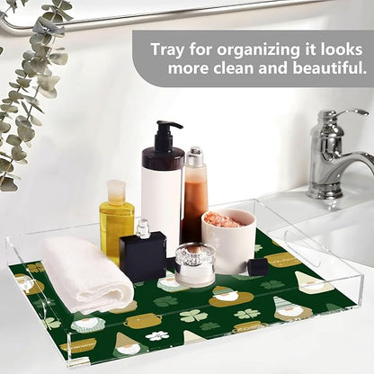 Serving Tray with Handles Clear Acrylic Tray 12x16 Inch Decorative Rectangular Tray Organizer for Ottoman Coffee Table Bathroom Green Clover Dwarf St