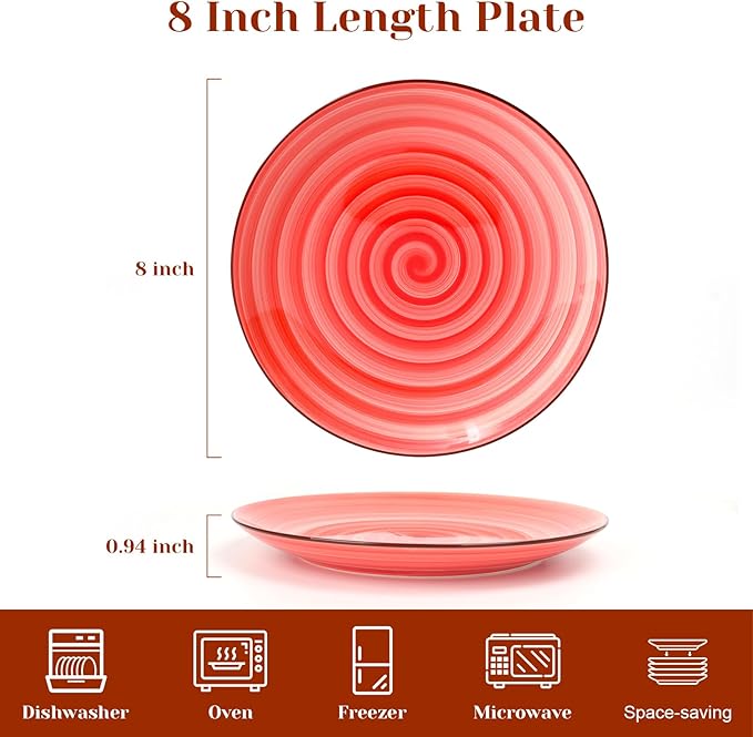 KitchenTour Ceramic Dinner Plates, 8 Inch Colorful Salad Plates Set of 6, Serving Plates for Dessert, Pasta, Steak, Dishwasher and Microwave Safe
