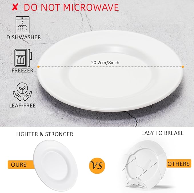8 Inch White Melamine Plates Flat Bottom Deep Round Dinner Plates Salad and Dessert Plates Lightweight Durable and Easy to Clean,Non Ceramic Disc Pad Set of 6,PYW-8-06