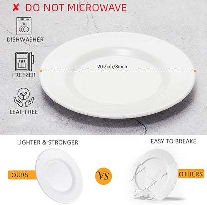 8 Inch White Melamine Plates Flat Bottom Deep Round Dinner Plates Salad and Dessert Plates Lightweight Durable and Easy to Clean,Non Ceramic Disc Pad Set of 6,PYW-8-06