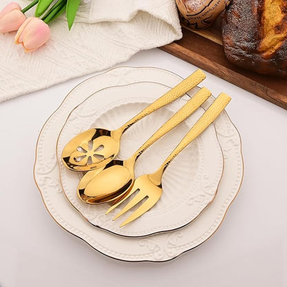 6 PCS Hammered Serving Utensils, Uniturcky Stainless Steel Serving Spoons Set, Square and Thick Hostess Serving Set, Includes 2 Serving Spoon 2 Serving Fork and 2 Slotted Spoon, Mirror Gold