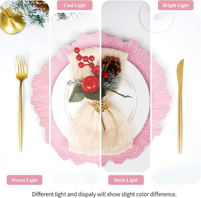 50 Pack Pink Charger Plates Bulk, 13" Plastic Reef Chargers for Dinner Plates, Round Charger Plate with Floral Reef Design for Dinner Wedding Party Table Setting Decoration