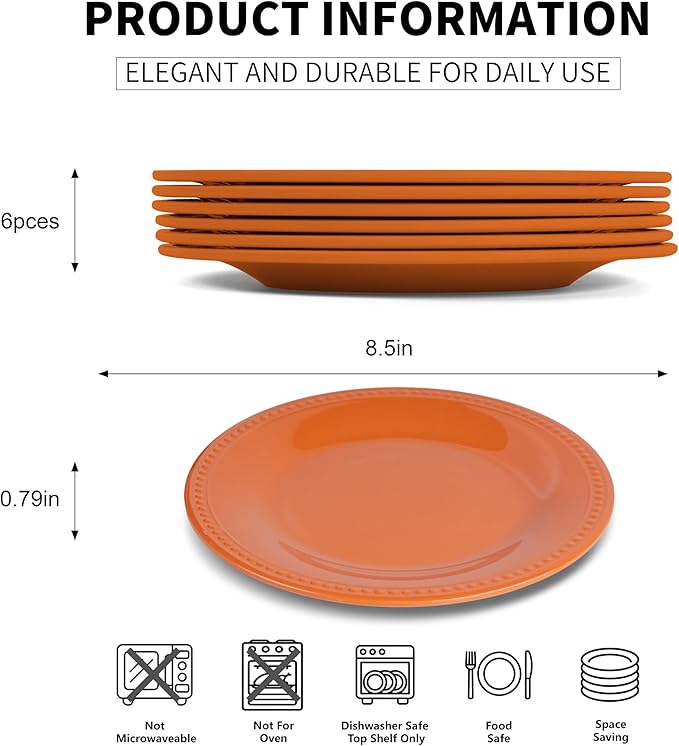Melamine Beaded Dinner Plate Set of 6, BPA Free, Chip & Break Resistant, Lightweight, Great for Dining, Weddings & Everyday Meals, Fall, 8.5in