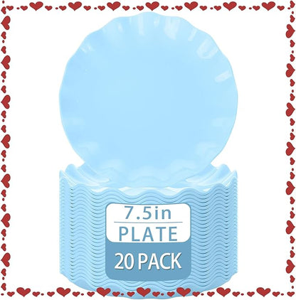 LIYH 20 Pcs Light Baby Blue Plastic Plates Reusable 7.5 Inch - Unbreakable Scalloped Dessert Plates for Weddings Camping Party Outdoor Picnics Dishwasher Safe BPA Free (20Guests)
