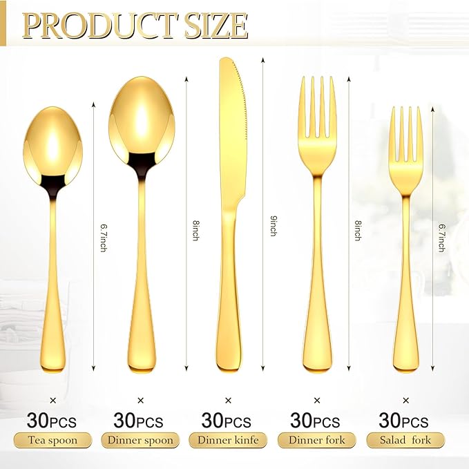 Dandat 150 Pcs Gold Silverware Set Stainless Steel Set with Dinner Forks Knife Spoon Dessert Forks Steak Knives Cutlery Flatware for 30 Guest Wedding Dinner Party Restaurant Home Holiday Party