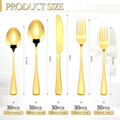 Dandat 150 Pcs Gold Silverware Set Stainless Steel Set with Dinner Forks Knife Spoon Dessert Forks Steak Knives Cutlery Flatware for 30 Guest Wedding Dinner Party Restaurant Home Holiday Party