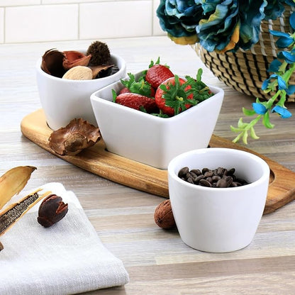EFFETTO 3 Bowl Tidbit Set | 1 Square & 2 Round Bowls | On An Acacia Wood Tray | Ceramic | Great For Dips, Bite-Sized Sweets, and Snacks