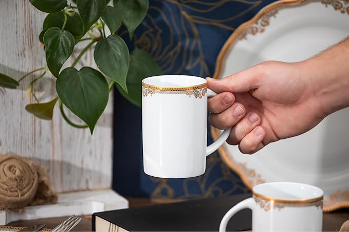 Dinnerware Set for 4 - White with Gold Floral Vintage Design - Porcelain Dish Set Tableware Setting with Mug for Every Day Use or Formal Occasions (Floral 2016, 16 PIECE SET)