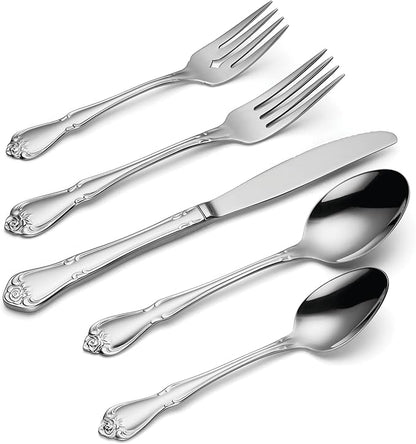 Oneida Silverware Set, True Rose 20-Piece Everyday Flatware Set, Service For 4, 18/0 Stainless Steel, Dishwasher Safe, Knife Spoons And Forks Set, Home And Kitchen Utensils (Silver, 20 Piece)