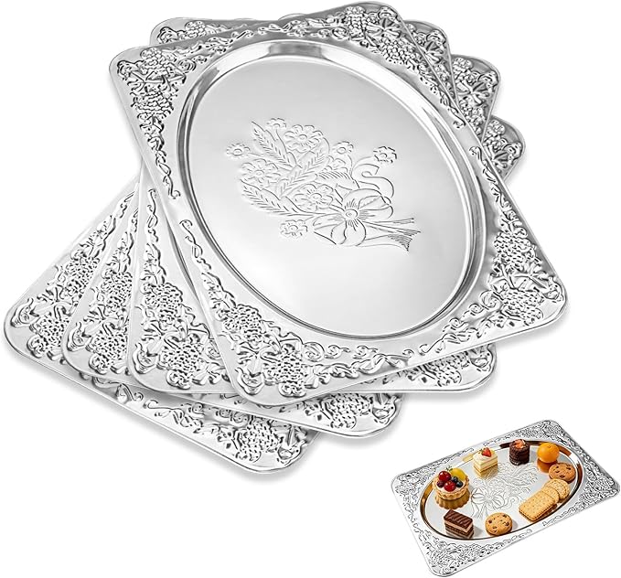 4PCS Silver Serving Trays, 13.8×8.7×0.3in Stainless Steel Vintage Floral Embossed Decorative Trays for Snack, Dessert and Wine, Versatile Tabletop Decor for Wedding, Restaurant, Cafe and Home