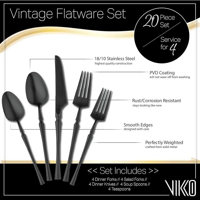 Vikko Decor Vintage Silverware Set: Unique Brushed Black Silverware - Luxury 18/10 Stainless Steel Flatware - Satin Matte Cutlery for Upscale Dining and Entertaining - 20 Pieces - Service for Four (4)