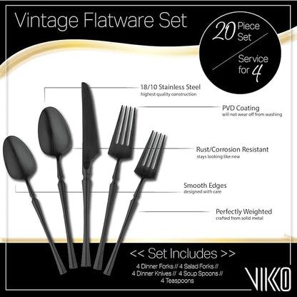Vikko Decor Vintage Silverware Set: Unique Brushed Black Silverware - Luxury 18/10 Stainless Steel Flatware - Satin Matte Cutlery for Upscale Dining and Entertaining - 20 Pieces - Service for Four (4)
