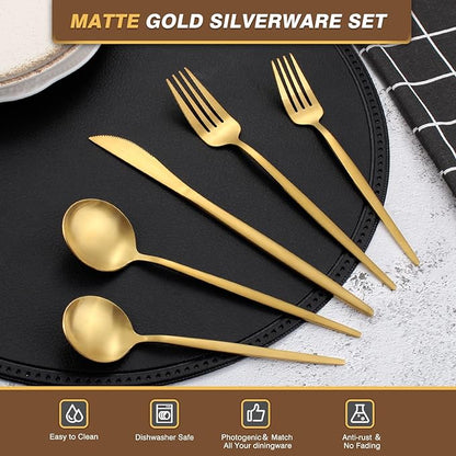 40 Pieces Silverware Set，Matte Gold Stainless Steel Flatware Cutlery Set Service for 8, Stain Finish Kitchen Utensil Set，Include Dinner Knives Forks and Spoons Silverware, Dishwasher Safe